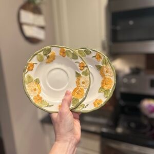 Floral Ceramic Saucer Set - Green and Yellow-Poppy Trail
